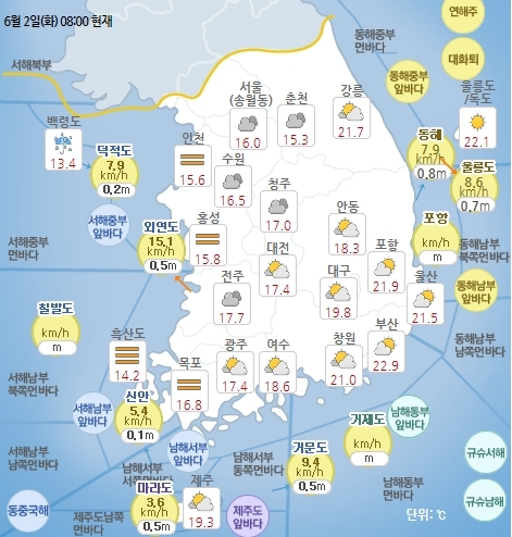 6월 2일 오전 8시 기준 날씨 현황. 기상청 홈페이지