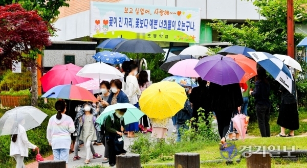 2일 오후 수원시 권선구의 한 초등학교에서 학부모들이 우산을 들고 아이들과 하교하고 있다. 경기도 곳곳에서 코로나19가 발생하는 가운데 3일부터 고1·중2·초3∼4학년들의 등교 수업이 예정돼있어 학부모들의 불안감도 커져가고 있다. 윤원규기자