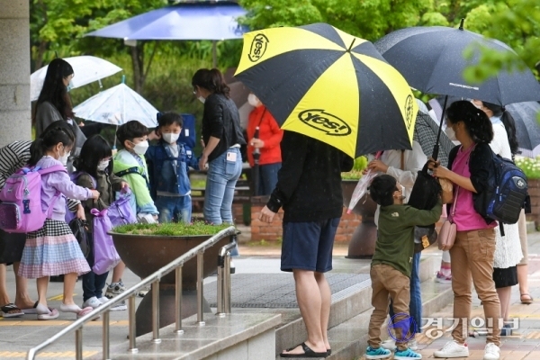 도내 코로나19의 산발적인 발생이 잇따르고 있는 가운데 2일 오후 성남시 한 초등학교에서 불안감을 느낀 1~2학년 학부모들이 하교하는 아이들을 기다리고 있다.조주현기자