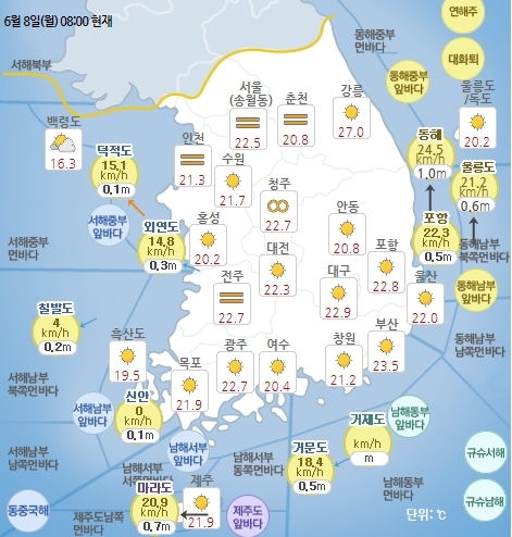 6월 8일 오전 8시 기준 날씨 현황. 기상청 홈페이지