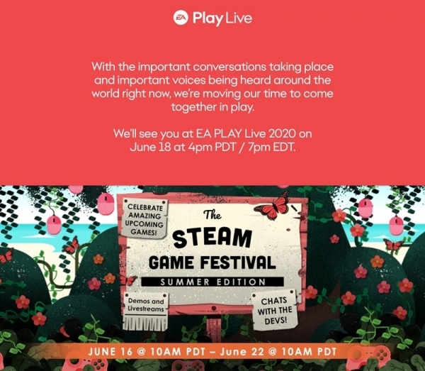 ‘EA Play Live’(위)와 ‘스팀 게임 서머 페스티벌 서머 에디션’가 1주일 연기됐다. EA 공식 SNS(위), 스팀 공식 홈페이지 캡처