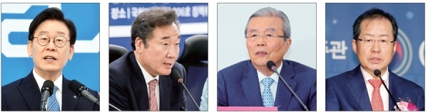 코로나19 확산 속에 화두로 떠오른 기본소득 도입에 대해 대권주자들이 SNS를 통해 설전을 벌이고 있다. (왼쪽부터) 이재명 경기도지사, 이낙연 더불어민주당 의원, 김종인 미래통합당 비상대책위원장, 홍준표 무소속 의원. 경기일보DB