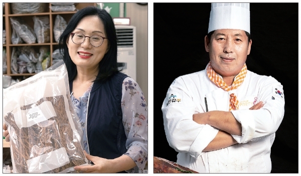 김금은 한국인삼약초 대표(왼쪽)와 최낙근 파티큐 대표. 경기신용보증재단의 지원을 받은 이들은코로나19로 인한 경제 위기를 이겨낼 수 있는 힘을 얻었다고 입을 모으고 있다. 경기신보 제공