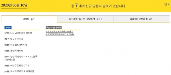 6월 10일 청약 당첨자 발표. 청약홈