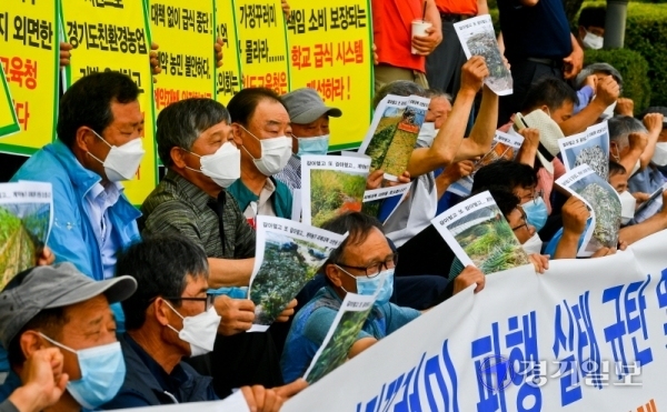 친환경 학교급식 경기도운동본부, 농업인연합회 등 관계자들이 15일 오후 경기도의회 앞에서 ‘경기도가정꾸러미 파행 실태 규탄 및 학교급식 계약재배 농가 피해 대책’을 촉구하는 기자회견을 하고 있다. 윤원규기자