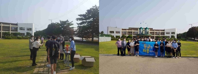 화성 송산중학교가 지난 8일 중학교 1학년 신입생들의 첫 등교를 축하하 는 행사를 열었다. 송산 중학교 제공