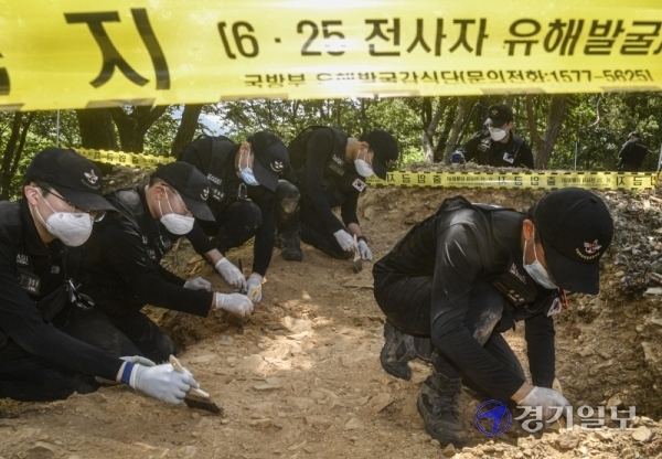 국방부 유해발굴감식단원들이 지난 23일 파주시 파평면 금파리 260고지 일대에서 6ㆍ25 전사자 유해 발굴 작업을 하고 있다. 이곳에서 발견된 유해 및 유품은 국군 전사자의 경우 신원 확인 후 현충원에 안장되며, 외국군 전사자는 각 국과 협의 후 유엔사 정전위를 통해 송환된다. 조주현기자