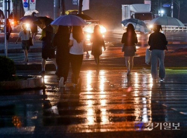 장맛비가 내린 24일 오후 비에 젖은 수원의 한 도로 위로 상가들의 조명이 반사돼 화려한 야경을 연출하고 있다. 윤원규기자