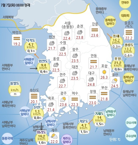 7월 7일 오전 8시 기준 날씨 현황. 기상청 홈페이지