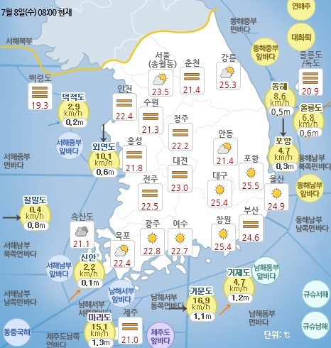 7월 8일 오전 8시 기준 날씨 현황. 기상청 홈페이지