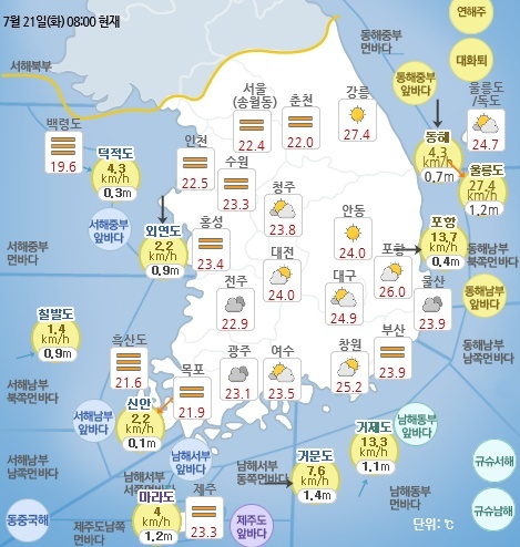 7월 21일 오전 8시 기준 날씨 현황. 기상청 홈페이지