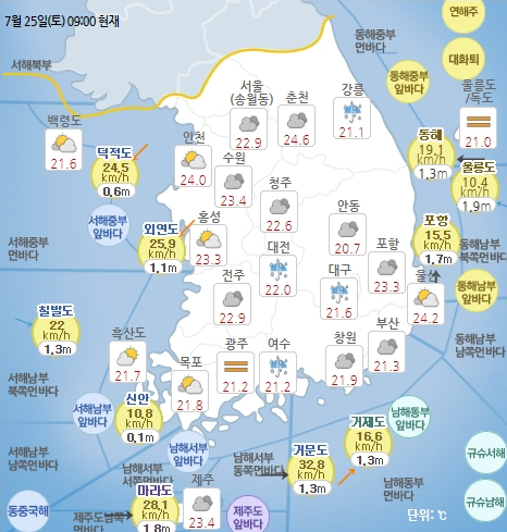 7월 25일 오전 9시 기준 날씨 현황. 기상청 홈페이지