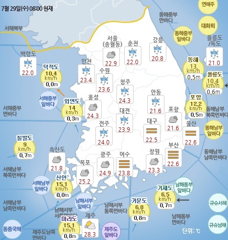 7월 29일 오전 8시 기준 날씨 현황. 기상청 홈페이지