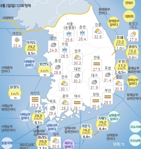2020년 8월 2일 정오 기준 날씨 현황. 기상청 홈페이지