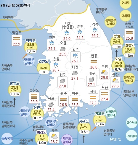 8월 3일 오전 8시 기준 날씨 현황. 기상청 홈페이지