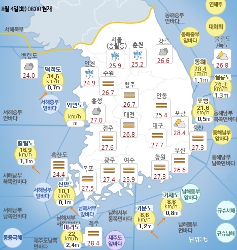 8월 4일 오전 8시 기준 날씨 현황. 기상청 홈페이지