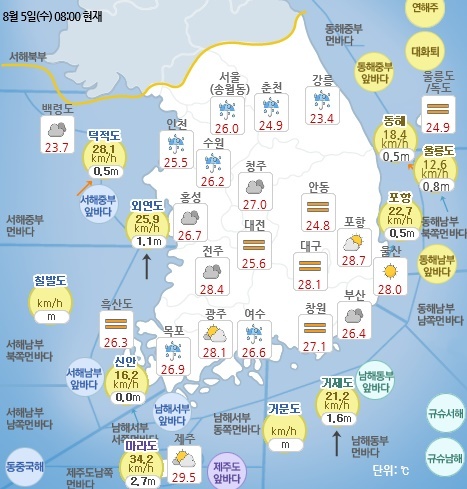 8월 5일 오전 8시 기준 날씨 현황. 기상청 홈페이지