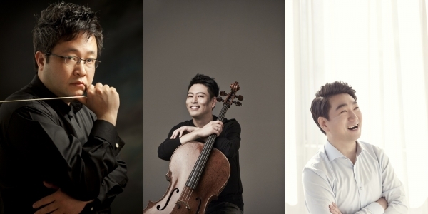 왼쪽부터 지휘자 박인욱, 첼리스트 송영훈, 콘서트가이드 나웅준