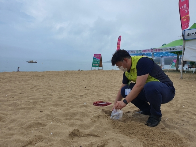 한국석유관리원의 해수욕장 백사장 모래 시료 채취 모습. 사진=한국석유관리원 제공