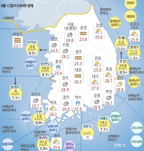 8월 12일 오전 8시 기준 날씨 현황. 기상청 홈페이지