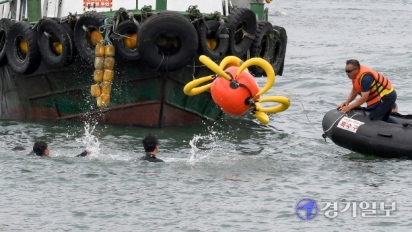 13일 오전 특수임무유공자회 인천시지부와 인천시 해양연맹이 인천시 중구 연안부두 해양광장에서 바다에 추락한 차량 탑승자를 구조하는 해상 인명구조 시범훈련을 하고 있다. 장용준기자