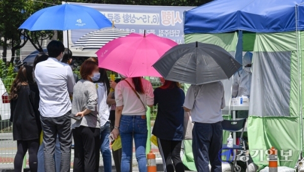 수도권을 중심으로 코로나19 확진자가 폭발적으로 증가한 17일 오후 입원한 환자 2명이 잇따라 코로나19 확진판정 받은 안산시 한도병원에서 의료진 등 관계자들이 코로나19 검사를 받기 위해 길게 늘어서 있다.조주현기자