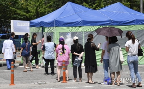 수도권을 중심으로 코로나19 확진자가 폭발적으로 증가한 17일 오후 입원한 환자 2명이 잇따라 코로나19 확진판정 받은 안산시 한도병원에서 의료진 등 관계자들이 코로나19 검사를 받기 위해 길게 늘어서 있다.조주현기자