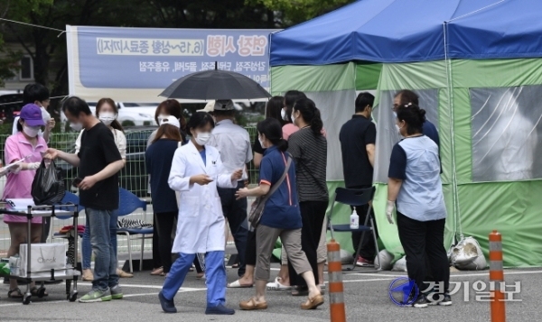 수도권을 중심으로 코로나19 확진자가 폭발적으로 증가한 17일 오후 입원한 환자 2명이 잇따라 코로나19 확진판정 받은 안산시 한도병원에서 의료진 등 관계자들이 코로나19 검사를 받기 위해 길게 늘어서 있다.조주현기자