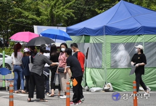 수도권을 중심으로 코로나19 확진자가 폭발적으로 증가한 17일 오후 입원한 환자 2명이 잇따라 코로나19 확진판정 받은 안산시 한도병원에서 의료진 등 관계자들이 코로나19 검사를 받기 위해 길게 늘어서 있다.조주현기자