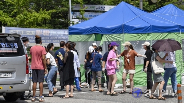 수도권을 중심으로 코로나19 확진자가 폭발적으로 증가한 17일 오후 입원한 환자 2명이 잇따라 코로나19 확진판정 받은 안산시 한도병원에서 의료진 등 관계자들이 코로나19 검사를 받기 위해 길게 늘어서 있다.조주현기자