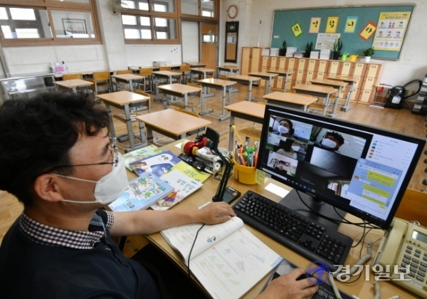 코로나19 재확산으로 정부가 수도권지역 유ㆍ초ㆍ중ㆍ고 원격수업 전환을 발표한 25일 수원 영화초등학교 5학년 2반 교실에서 담임교사가 26일부터 진행할 원격수업 준비를 하고 있다. 김시범기자
