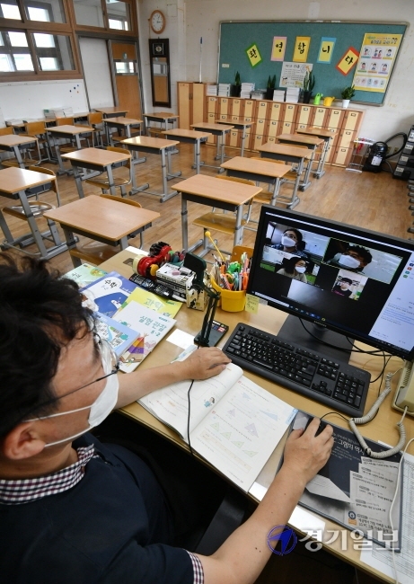 코로나19 재확산으로 정부가 수도권지역 유ㆍ초ㆍ중ㆍ고 원격수업 전환을 발표한 25일 수원 영화초등학교 5학년 2반 교실에서 담임교사가 26일부터 진행할 원격수업 준비를 하고 있다. 김시범기자
