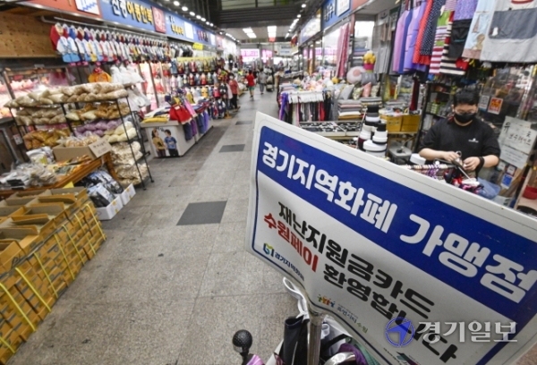 긴급재난지원금 사용기한이 만료된 31일 오후 수원시 영동시장에서 한 상인이 재난지원금 관련 안내문을 철거하고 있다.  조주현기자