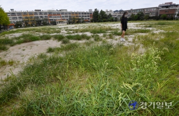 코로나19 여파로 전국의 8,000여 개 학교가 등교 수업을 중지한 가운데 1일 오후 학생들의 발길이 끊긴 의정부시 한 중학교 운동장이 온통 잡초로 뒤덮여 있다.조주현기자