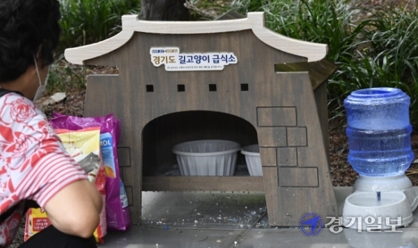 경기도가 동물과 공존하는 문화 확산을 위해 수원 경기도청과 의정부 북부청사 등 4곳에 ‘길고양이 급식소’를 설치·운영한다고 2일 밝혔다. 사진은 이날 오후 도청 작은동물원에 설치된 길고양이 급식소.  조주현기자