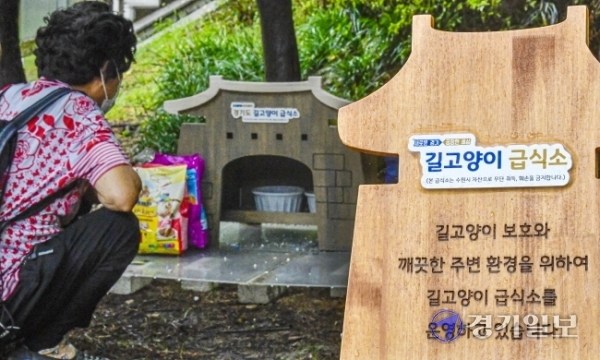 경기도가 동물과 공존하는 문화 확산을 위해 수원 경기도청과 의정부 북부청사 등 4곳에 ‘길고양이 급식소’를 설치·운영한다고 2일 밝혔다. 사진은 이날 오후 도청 작은동물원에 설치된 길고양이 급식소.  조주현기자