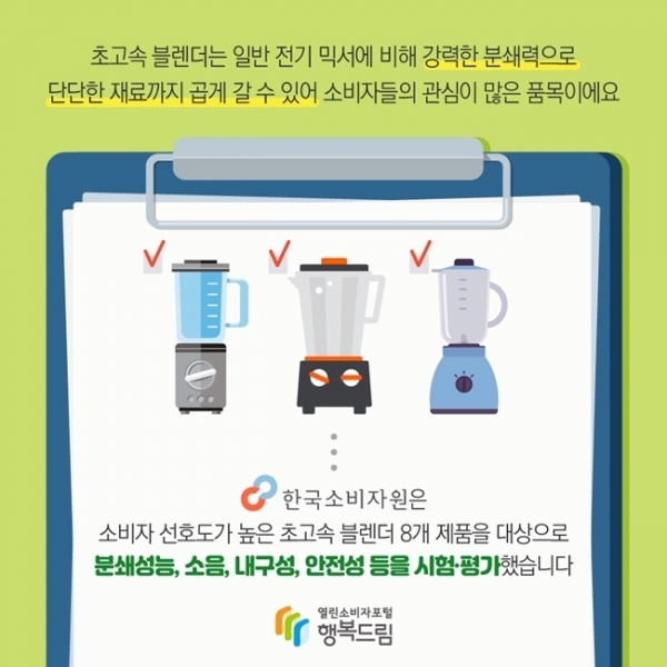 초고속 블렌더 평가 관련 카드 뉴스 이미지. 한국소비자원 홈페이지