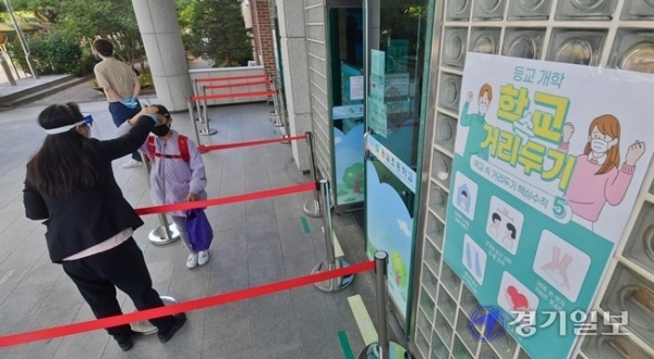 코로나19로 통제됐던 수도권 지역 유·초·중·고 학생들의 등교가 한달여만에 재개된 21일 오전 수원 원일초등학교 학생들이 등교하며 발열체크를 하고 있다. 윤원규기자