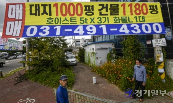 23일 오후 시흥시 시화국가산업단지 한 공장 외벽에 매매를 알리는 현수막이 걸려 있다. 코로나19 여파로 경기 불황이 계속되면서 반월·시화공단 내 폐업 및 매매, 임대를 원하는 업체들이 늘어날 것으로 전망되고 있다. 조주현기자