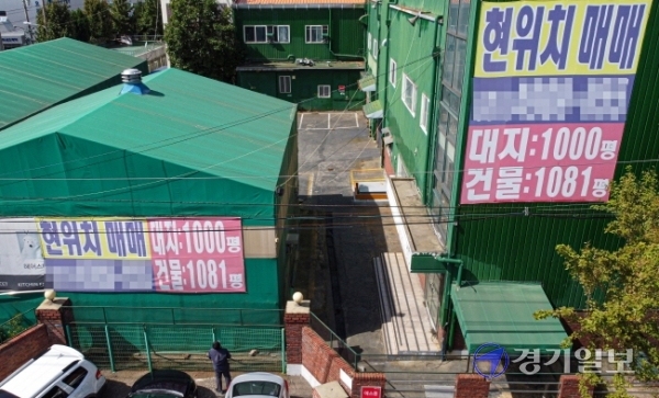23일 오후 시흥시 시화국가산업단지 한 공장 외벽에 매매를 알리는 현수막이 걸려 있다. 코로나19 여파로 경기 불황이 계속되면서 반월·시화공단 내 폐업 및 매매, 임대를 원하는 업체들이 늘어날 것으로 전망되고 있다. 조주현기자