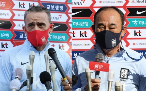 벤투(왼쪽) A대표팀 감독과 김학범 올림픽 감독. 연합뉴스