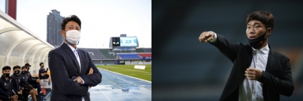 수원FC 김도균(왼쪽) 감독과 제주 UTD 남기일 감독. 프로축구연맹 제공
