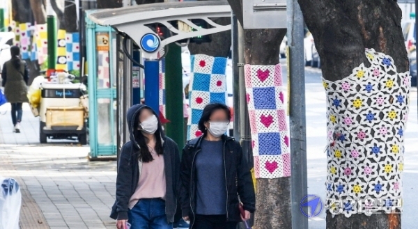5일 오후 형형색색 옷을 찾려입은 인천시 남동구 만수주공아파트 2단지 앞 가로수들이 오가는 행인들의 시선을 붙잡고 있다. 지난해부터 나무에 옷을 입힌  '트리니팅(trees knitting)' 작업을 해온 만수4동 꿈마을 공동체 회원들은 한땀 한땀 바느질로 뜨개 옷을 제작해 나무들의 겨울나기를 도우며, 슬기로운 코로나 펜더믹 극복을 위한 공동체 문화를 만들었다. 장용준기자