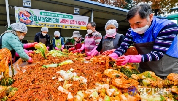 17일 오전 수원시농업기술센터에서 열린 '수원시농업인단체 사랑의 김장나눔 행사'에서 수원시 농업인들이 불우이웃을 위해 김장을 담그고 있다. 이번 행사는 농업인들이 직접 재배한 배추, 무 등 생산물로 이뤄졌다. 윤원규기자