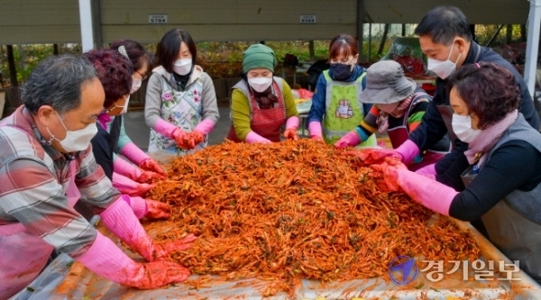 17일 오전 수원시농업기술센터에서 열린 '수원시농업인단체 사랑의 김장나눔 행사'에서 수원시 농업인들이 불우이웃을 위해 김장을 담그고 있다. 이번 행사는 농업인들이 직접 재배한 배추, 무 등 생산물로 이뤄졌다. 윤원규기자