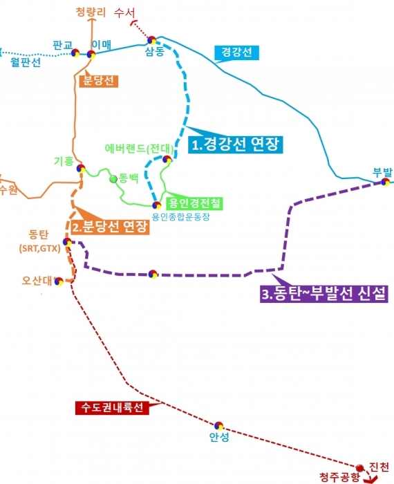 ▲ 경강선 연장 우선추진 예상 노선(삼동~용인 종합운동장)