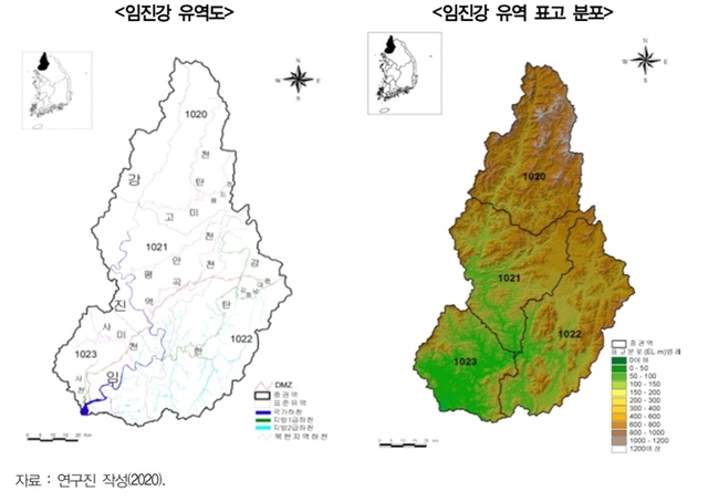 ▲ 임진강 유역도, 임진강 유역 표고 분포. 경기연구원