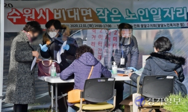 1일 오후 수원시 팔달구 대한노인회 팔달구지회에서 열린 '2020 수원시 비대면 작은 노인일자리 채용 한마당'에서 어르신들이 일자리를 찾고 있다. 윤원규기자