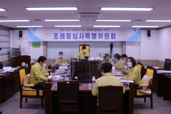 양평군의 조직변경안이 2일 양평군의회를 통과했다. 사진은 군의회 조례심사특위의 회의 모습