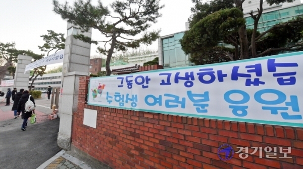 2021학년도 대학수학능력검정시험(수능)이 치뤄진 3일 오전 수업생들이 시험장으로 들어가고 있는 군포시 금정동 군포고등학교에 응원문구가 붙어있다. 윤원규기자